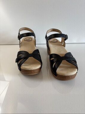 Dansko Black Leather Wedge Sandals